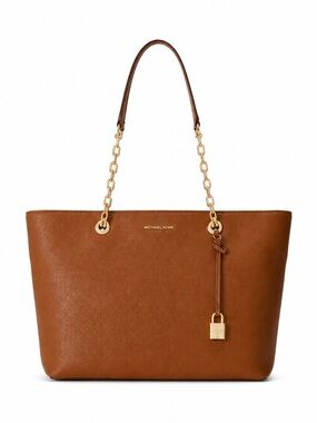 Michael Kors Mercer Chain-Link Pebbled Leather Laptop Tote Bag Brown Gold Large